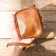 Vintage vegetable tanned leather wallet women distressed small coin purse leather zipper men's card bag key case men 2024 - buy cheap