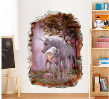 Pegatinas de pared 3d de unicornio de bosque vívido para habitaciones de niños, calcomanías decorativas de pared para dormitorio, sala de estar, murales de papel tapiz 2024 - compra barato