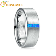 BONLAVIE 8mm Width Men's Ring Wedding Band Engagement Ring Inlaid Blue Opal Surface Brushed Tungsten Carbide Ring 2024 - buy cheap