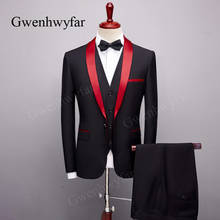 Conjunto de ternos de casamento de outono, para homens, elegante, preto, lapela vermelha 2024 - compre barato