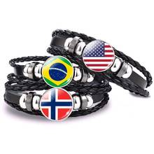 National Flag  Rope Chain Bangle Glass Cabochon Black Leather Bracelet Brazil USA Norway Peru Flag Jewelry Bracelet for Couple 2024 - buy cheap