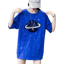 Zuolunouba, 2020, летняя женская футболка с металлическими блестками, Геометрическая, звездное небо, земля, женские футболки, топы, Свободная Женская футболка средней длины 2024 - купить недорого