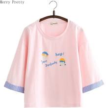 Women's Harajuku Cotton T Shirts Cartoon Print Striped Patchwork T Shirt 2020 Spring Femme Half Sleeve O-Neck Basic Tops Tees 2024 - buy cheap