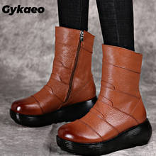 Gykaeo estilo nacional artesanal de couro genuíno sapatos femininos retro inclinação calcanhar botas inverno senhoras botines quentes mujer 2021 2024 - compre barato