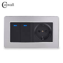 Coswall EU Standard Wall Socket + 2 Gang 2 Way On / Off Pass Through Light Switch With LED Indicator Stainless Steel Frame 2024 - buy cheap