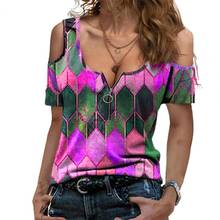 Summer Sexy Women T-shirt Cold Shoulder Short Sleeve Geometric Print Zipper V Neck geometric print Top Summer T-Shirts 2024 - buy cheap