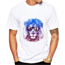 Футболка мужская с 3D-принтом льва и очков, смешная Повседневная белая хлопковая рубашка с коротким рукавом, лето 2024 - купить недорого