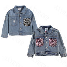 1-6Y Toddler Girls Coat Spring Autumn Kids Girls Ripped Hole Denim Jackets Clothes Leopard Sequins Pocket Coat Children Clothing 2024 - buy cheap