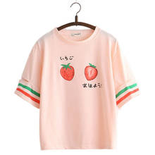 Camiseta de fresa para mujer, camiseta Harajuku para mujer, de manga corta Camiseta de algodón con cuello redondo, camisetas con estampado de dibujos animados a rayas 2024 - compra barato