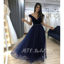 Vestido formal feminino longo, elegante, azul marinho, decote em v, faixas de glitter, tule, vestido de baile, promoção, 2019 2024 - compre barato