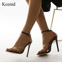Kcenid nova sexy transparente pvc tanga sandálias mulher stiletto calcanhar preto damasco dedo do pé quadrado tornozelo cinta sapatos femininos tamanho grande 42 2024 - compre barato