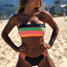 New Women Push Up Bandage Bikini Swimsuit Sexy Strapless Bandeau Bikini Set Swimwear Striped Rainbow Print Biquini Bathing Suits 2024 - buy cheap