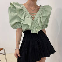 Женская блузка с оборками, повседневная однотонная Свободная блузка с V-образным вырезом и рукавами-фонариками, модель 2021, 15176 2024 - купить недорого