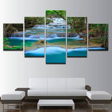 Pintura de paisagem impressa em tela, arte para sala de estar, decoração de parede, 5 peças, lago azul, pequena cascata, imagem de decoração 2024 - compre barato