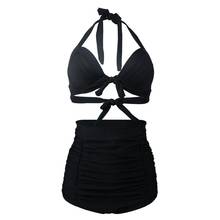 Pure Black Halter Bikini High Waist Women Vintage Swimsuits Ruched Two-piece Swimwear Conservative Solid Padded Bow Bikini Sets 2024 - buy cheap