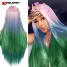 Wignee long-peruca de cabelo sintético mista, peruca longa com ombré em linha reta, resistente ao calor, azul e verde, para cosplay do meio da parte natural 2024 - compre barato