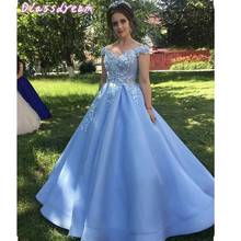 Light Blue Prom Dresses 2020 Women Formal Party Night Long Vestidos De Gala Off Shoulder Evening Dress Elegant Satin Prom Gowns 2024 - buy cheap