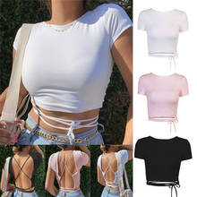 2021 Summer Women T Shirt Short Sleeve Backless Bandage Sexy Crop Top Lady Tee Tops Solid Color Casual Slim Female Shirts 2024 - buy cheap