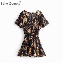 Boho Queens Women Hippie Black Floral Print Deep V-neck Sashes Bohemian Mini Dress Ladies Short Sleeve Rayon Dresses Vestidos 2024 - buy cheap