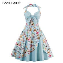 Enyuever Blue Floral Summer Dress Women Clothing Cotton Halter Bowknot V Neck Patchwork Robe Pin Up Swing Party Casual Dresses 2024 - buy cheap