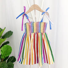 Girl Dress Sweet Girls Summer Rainbow Striped Dungaree Dress 2022 Baby Girl Korean Style Horizontal Neck Western Style Vest 2024 - buy cheap