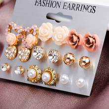 9Pairs/Set For Women Piercing Simulated Pearl Flower Earrings FashionWomen Square Crystal Heart Stud Earrings 2024 - buy cheap