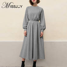 MISSJOY-vestido informal de talla grande para mujer, ropa de cintura alta, Simple, de manga larga, cuello redondo, Color sólido, para uso diario, a media pantorrilla, 2020 2024 - compra barato