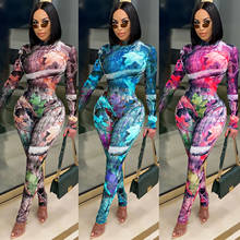 Fashion Print Two Piece Set Woman Long Sleeve Mock Neck Bodysuit Top And Long Pencil Pants Sexy Night Club Party Outfits 2024 - buy cheap