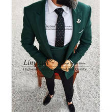 Ternos masculinos customizados 2019, jaqueta de três peças verde escura, calças pretas, colete slim fit, smoking, casamento 2024 - compre barato
