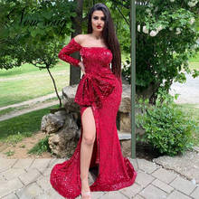 New Arrival Red Evening Dresses Sequins Off the Shoulder Robe De Soiree 2020 Dubai Celebrity Dresses Hi-Lo Red Carpet Prom Gowns 2024 - buy cheap