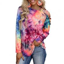 Tie Dye Print Blouse Shirt Women Summer Fashion Long Sleeve Off Shoulder Hollow Out T-shirt Casual Slim Shirts Tops Plus Size 2024 - buy cheap