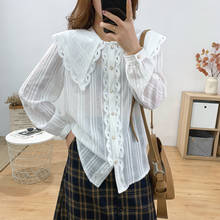 Camisas femininas com design original, blusa solta de renda de manga longa com lapela grande, estilo coreano, 2021 2024 - compre barato