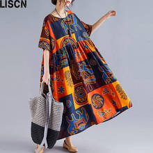Винтажном этническом стиле; С принтом из хлопка и льна платье 2021 размера плюс для женщин летнее Открытое платье с цветочным рисунком большое свободное платье праздничное длинное платье Vestidos 2024 - купить недорого