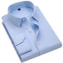 Camisa social masculina de manga longa, camisa formal para homens de negócios com bolso slim fit, primavera e outono, azul branco 2024 - compre barato
