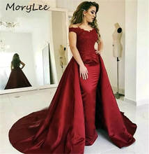 2020 Burgundy Evening Dresses With Luxury Train V-Neck Off The Shoulder Mermaid Satin Lace Applique Crystal Beaded Evening Dress 2024 - buy cheap