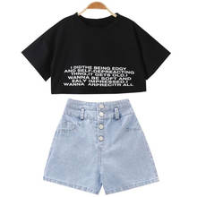 Conjunto de roupas para crianças de 3-12 anos, estampa de letras, camiseta + shorts de denim, roupas 2024 - compre barato