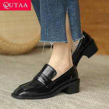 Qutaa sapatos femininos de couro legítimo, calçados de costura de bico quadrado, para primavera e outono, todos os sapatos com salto quadrado 2024 - compre barato