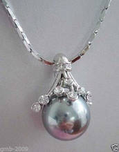 14MM Natural Gray South Sea Shell Pearl Crystal 18KGP Round Pendant Necklace 2024 - buy cheap