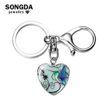 Fashion Blue Hummingbird Charm Keychain Handmade Glass Art Photo Heart Key Chain Animal Key Ring Holder Trinket Idea Gift 2024 - buy cheap