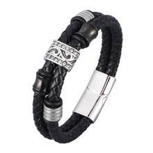 Pulseras trenzadas de doble cuero genuino para hombre, brazaletes de acero inoxidable, pulsera Vintage, joyería de mano, color negro, Punk, SP0953 2024 - compra barato