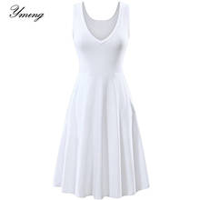 Yming vestido femininos de verão com bolsos e decote em v, de cor sólida, sem mangas, vestido midi com bolso para colete, vestido 2024 - compre barato