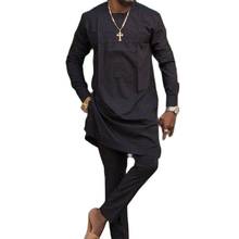 African Fashion Patchwork Cross Man Shirts With Pants Solid Black Tops+Trousers Men's Outfits Senator Style Pant Sets 2024 - buy cheap