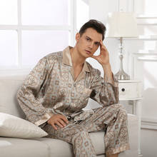 Conjunto de pijama de manga longa masculino, pijama casual de seda com imitação de manga longa macio, conjunto com top e calça em duas peças 2024 - compre barato