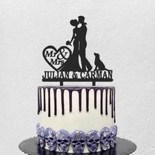 Decoração personalizada para bolo de casamento, com nome do casal, noivo e cachorro, silhuetas para decoração de bolo de casamento 2024 - compre barato