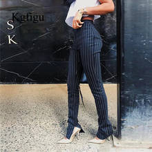 KGFIGU офисные брюки для женщин 2020, полосатые брюки с высокой талией, женские обтягивающие брюки в офисном стиле с разрезом сбоку, с эластичным белым низом 2024 - купить недорого