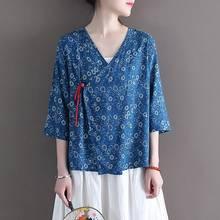 Винтажная блузка и Топ для женщин, осенняя хлопковая льняная рубашка с цветочным принтом, костюм Тан, одежда в китайском стиле ханьфу, женские блузы 11799 2024 - купить недорого