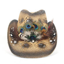 Chapéu de vaqueiro ocidental, feminino, jazz, feito a mão, palha, pena de pavão, tamanhos 56-58cm 2024 - compre barato