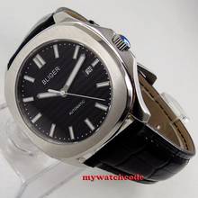 Relógio masculino, mostrador preto esterilizado, 39mm, vidro de safira, data, janela, caixa de prata, pulseira de couro com movimento automático 2024 - compre barato