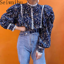 Seiwnibu Ruffles blouse women Full Sleeve Floral Print Patchwork Stand Neck blusas womens tops and blouses Dark Blue 2024 - buy cheap