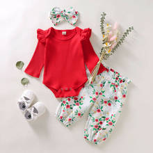 Conjunto de ropa para niña pequeña, Pelele de manga larga para bebé, Top a rayas rojas, pantalones florales y banda para el pelo, conjuntos de 3 piezas 2024 - compra barato